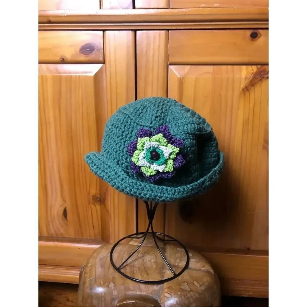 Handmade Crochet Cloche Hat Green Floral Boho Bucket Womens OS